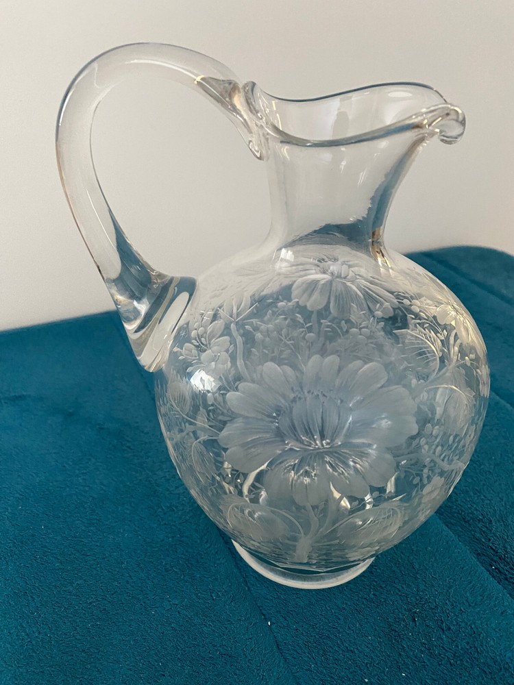 Signed Wagner Floral Etched Glass Pitcher