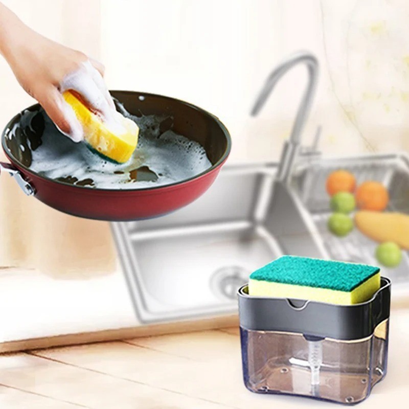 Kitchen Soap Dispenser with Sponge Press Pump Dishwashing Tool