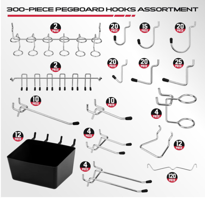 Pegboard Organizer Peg Board Hooks: 300-Piece Hooks for Black