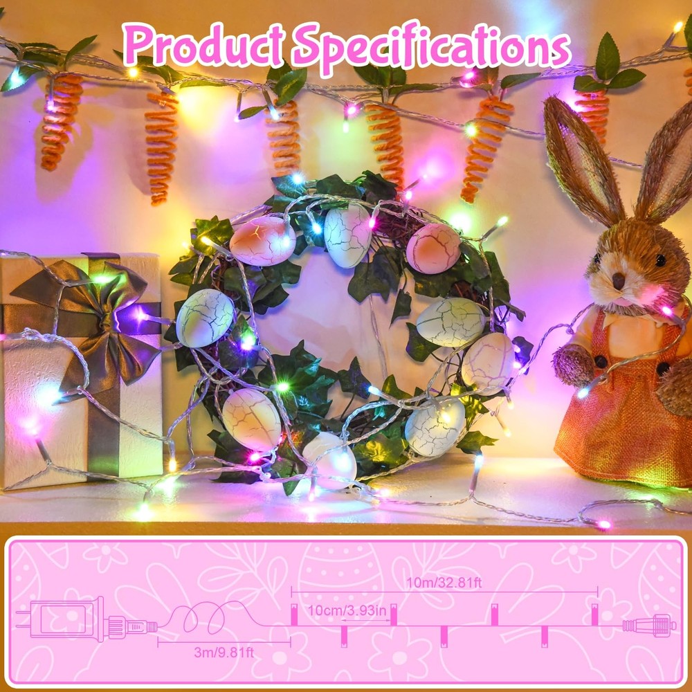 Easter String Lights, Pastel Easter Lights Plug in with Timer 8 Lighting Mode...