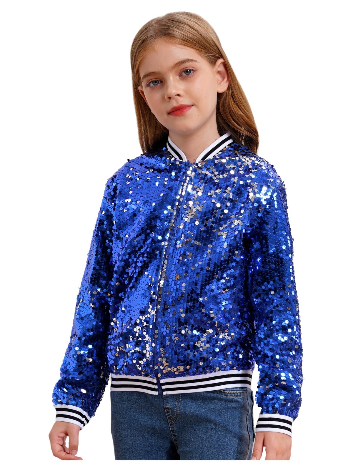 US Kid Girls Baseball Jackets Stylish Coat Street Dancing Outerwear Sequin Shiny