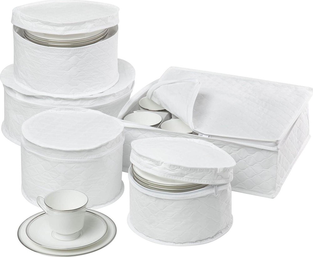 5-Piece Dinnerware Storage Set with Zipper Cushioned Quilted White NEW