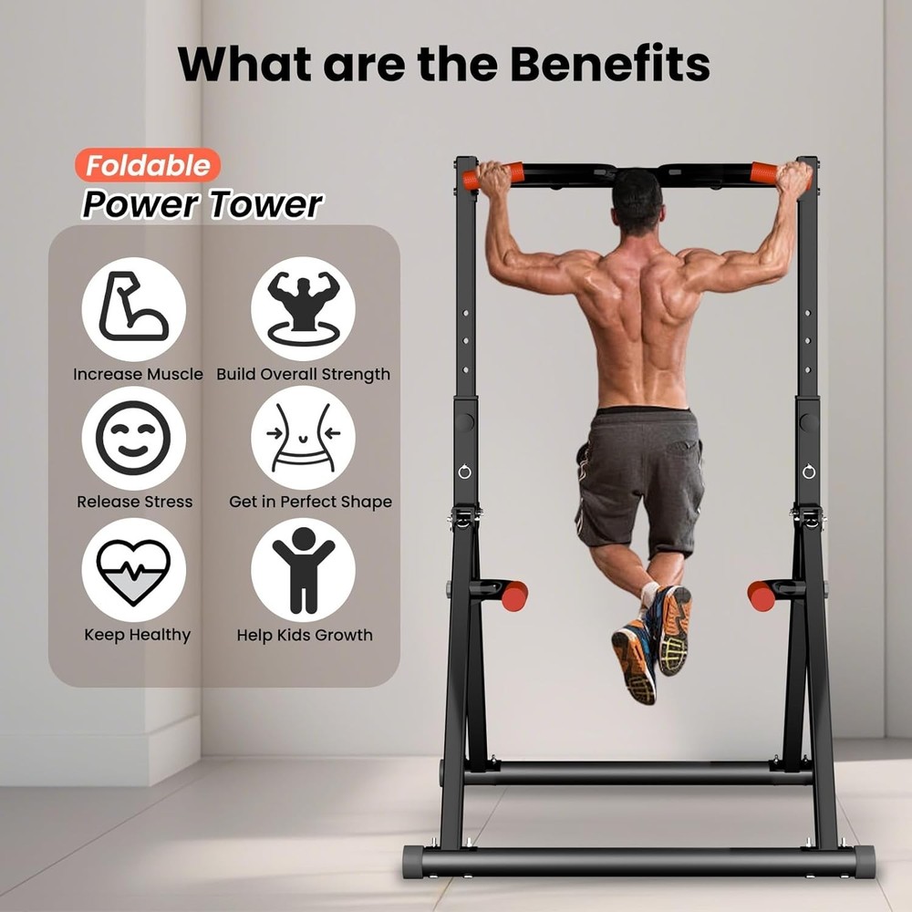 Foldable Power Tower Dip Station - Adjustable Height & Multi-Function Home Gym