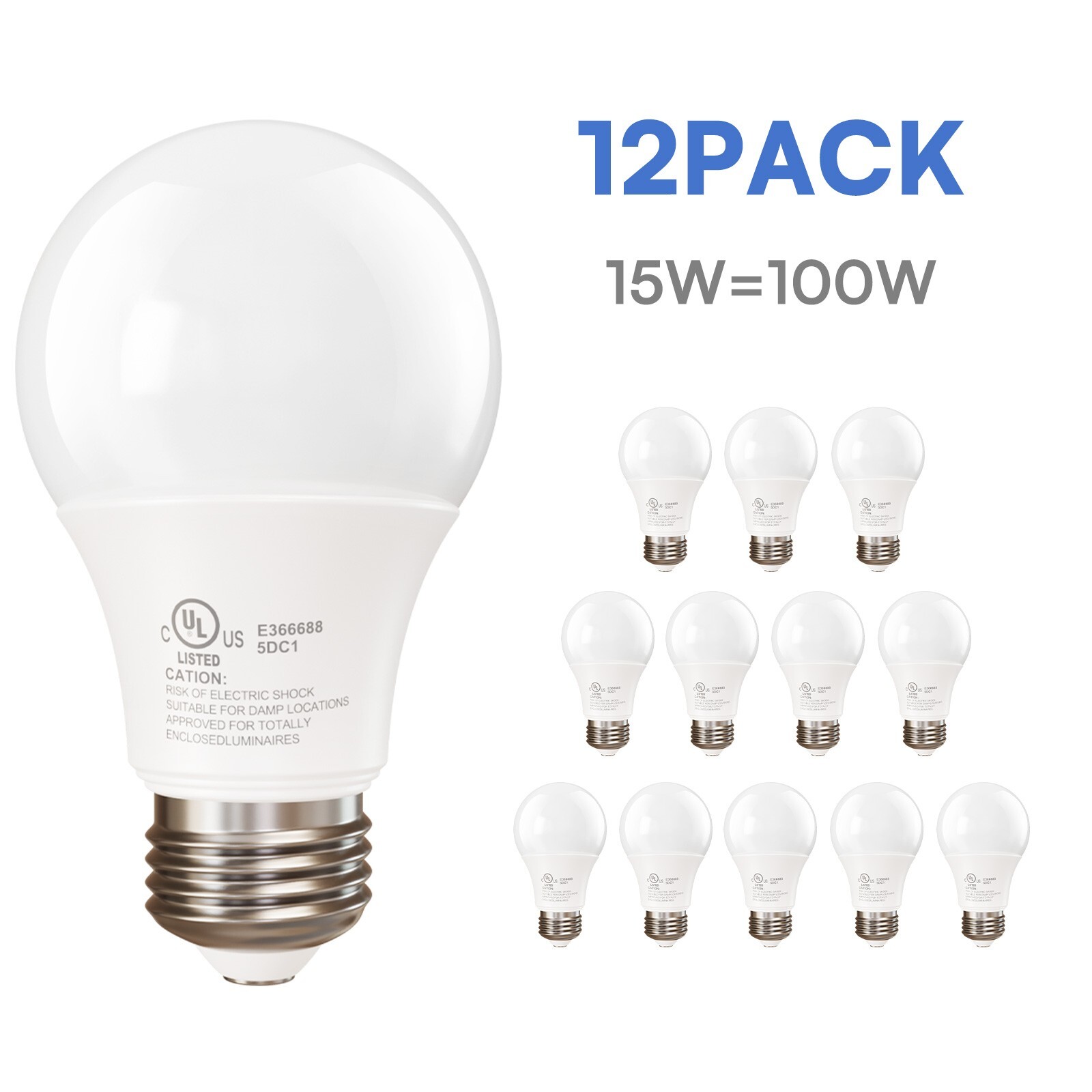 100W Equivalent LED Light Bulb 1500 LM A19 5000K Daylight NonDimmable 12/24Pack