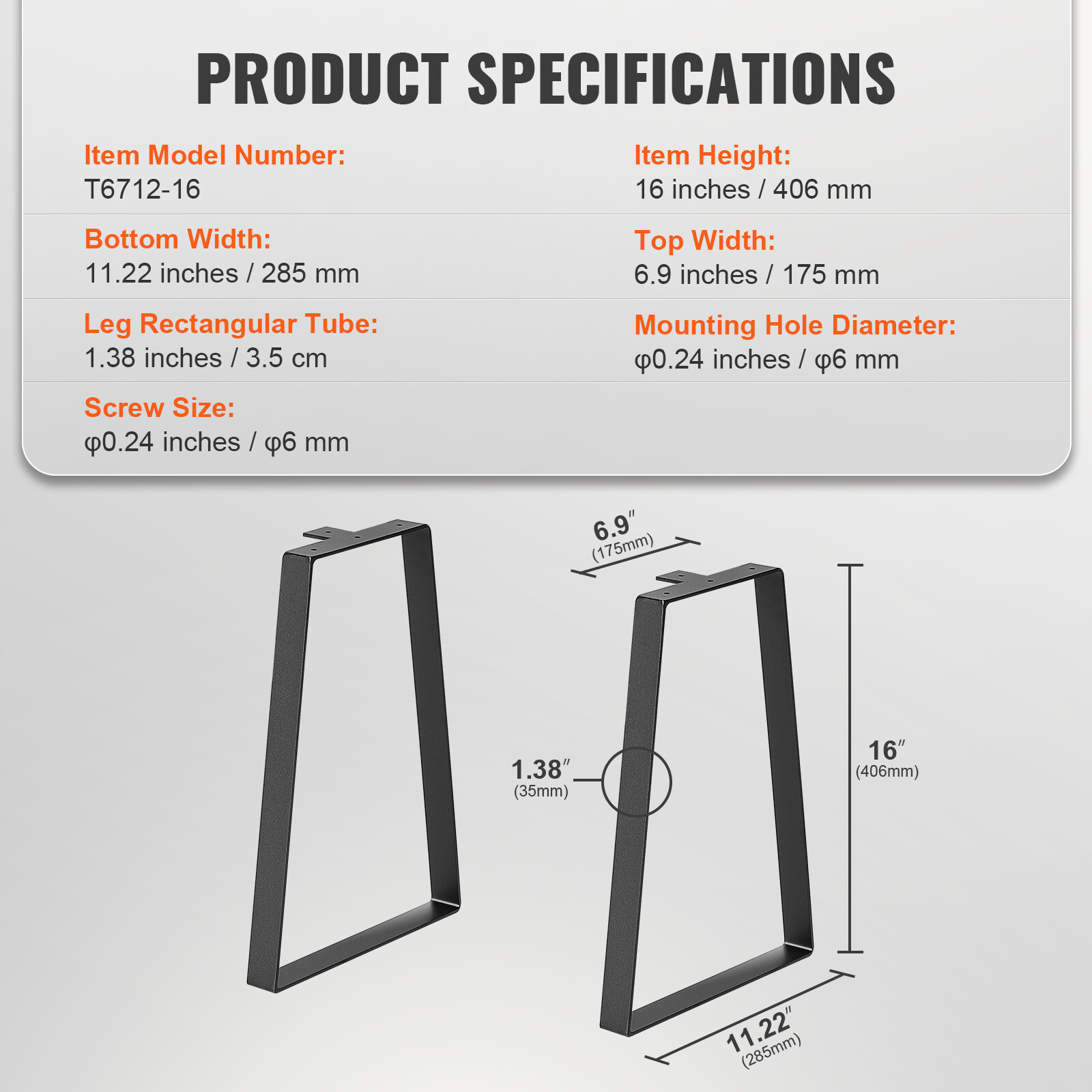 VEVOR 16 inch Trapezoid Furniture Legs Solid Stee Set of 2 for DIY Coffee Table