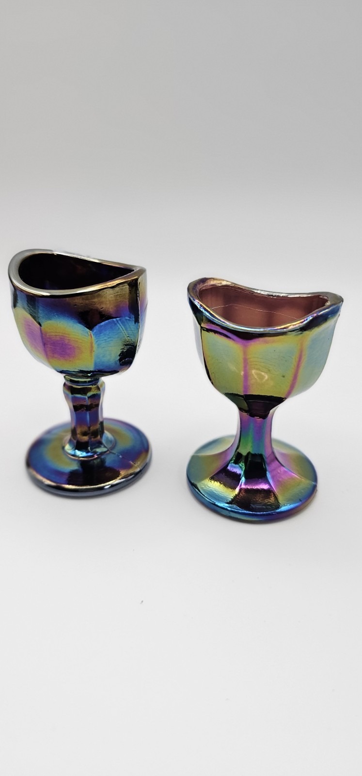 Lot 2 VTG Carnival Glass Eye Wash Cups Iridescent Optical Medical Amethyst
