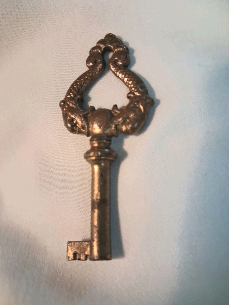 Genuine Antique Ornate Solid Brass Dolphins Phonograph Key 2-1/4 inch