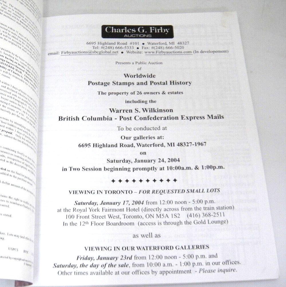Firby Stamp Auction Catalog 2004 BC Post Confederation Express Mails History
