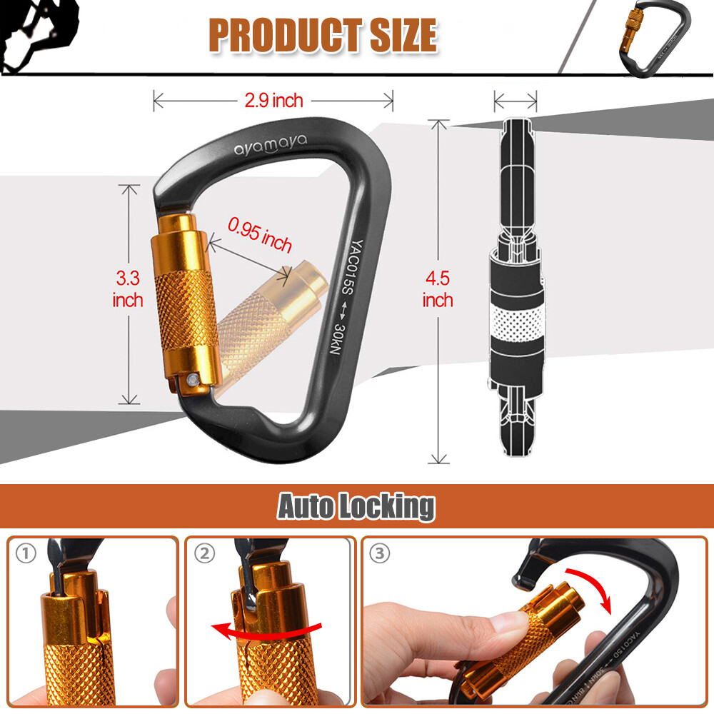 30KN Heavy Duty Auto Locking Climbing Carabiner Aluminum D Ring Clips Twist Lock