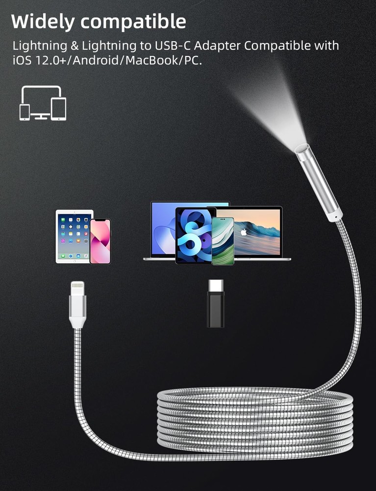 Endoscope Camera with Light, 1920P HD Borescope Camera with 8 Adjustable LED ...