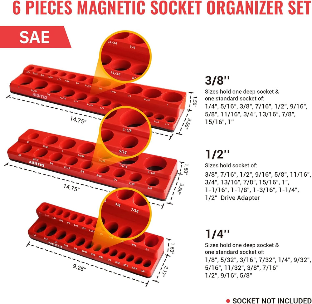 6-Piece Magnetic Socket Organizer Set, Magnetic Socket Holder Includes 1/4", ...