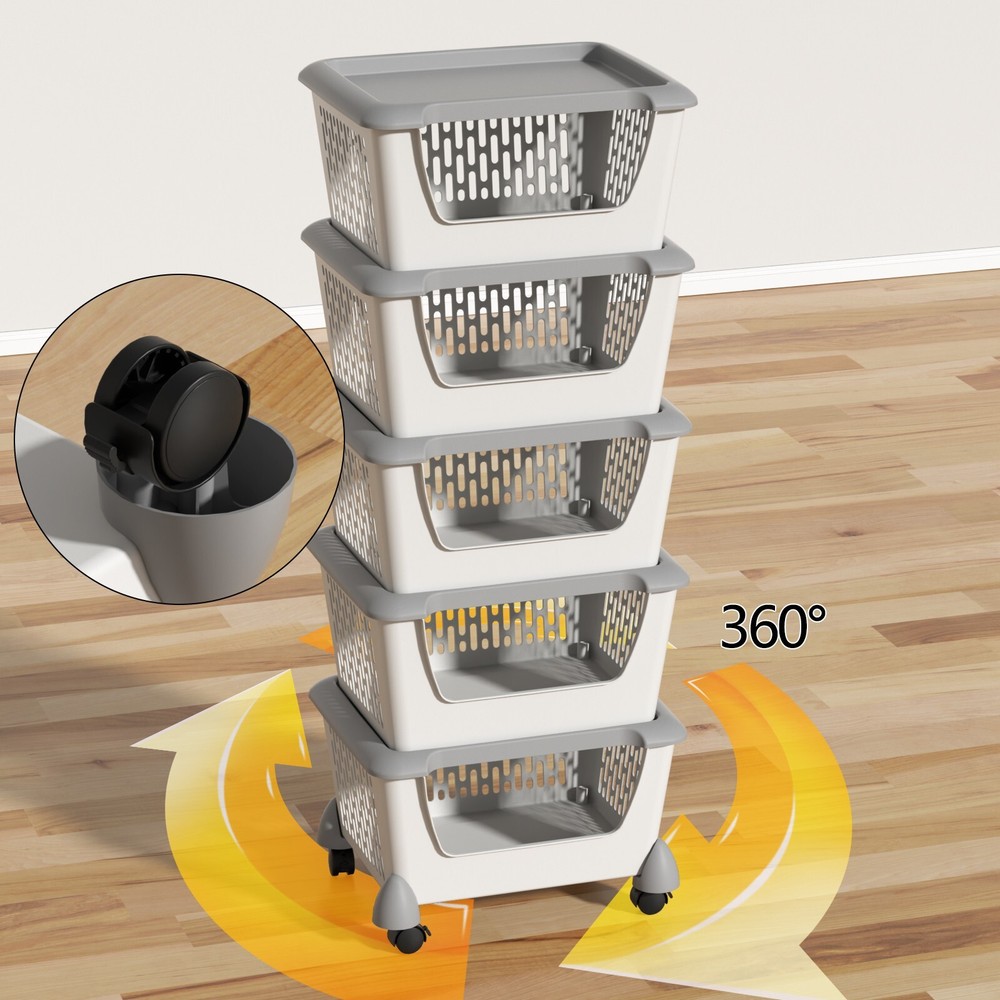 Mayish 5-Tier Stacking Storage Basket with Wheels, Stackable Plastic Baskets