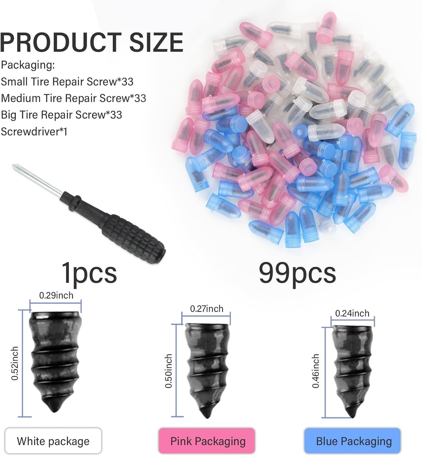 100PCS Tire Repair Screws Kit With Screwdriver 3 Sizes Rubber Plugs Flat Tires