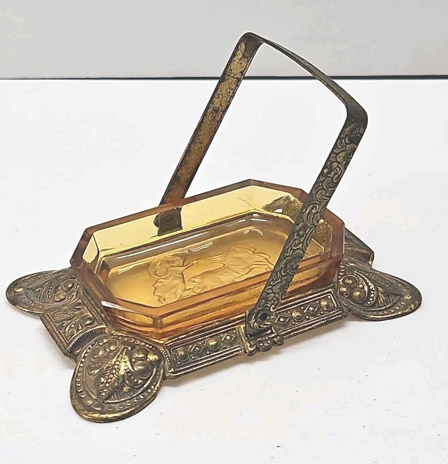 Antique Czech Amber Glass Salt Cellar Intaglio Design Ornate Brass Holder RARE