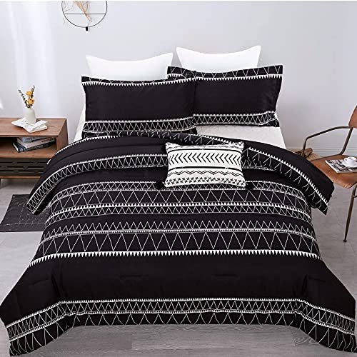 Comforter Set Reversible Boho Triangle Striped Down Alternative Queen Black