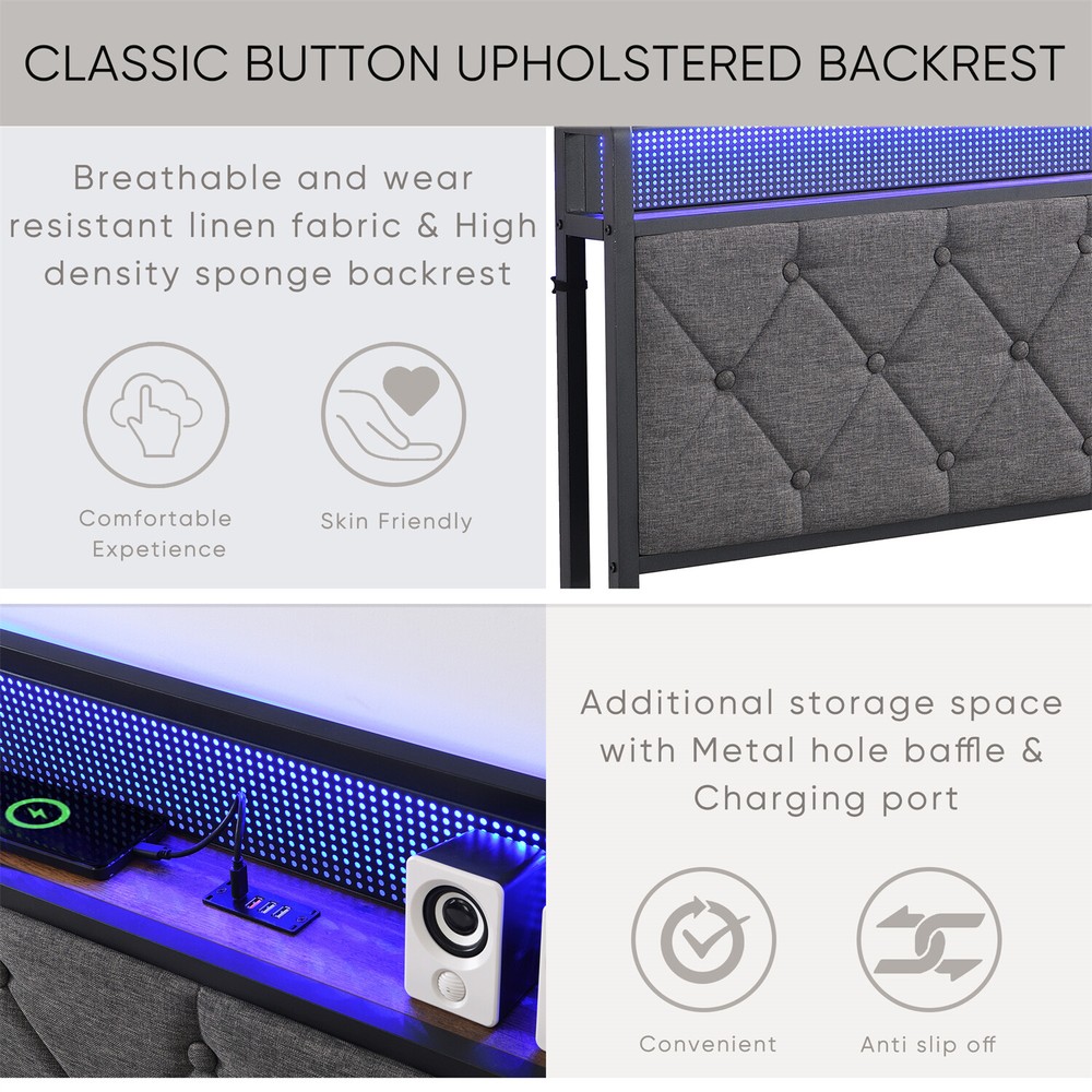 Full Size LED Bed Frame w/ Headboard & USB Port Upholstered Platform Bed Frame