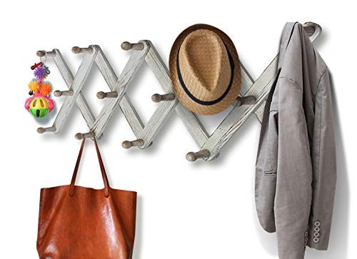 Expandable Wooden Coat 14 Hooks - Regular Size Distressed White (Rustic Style)