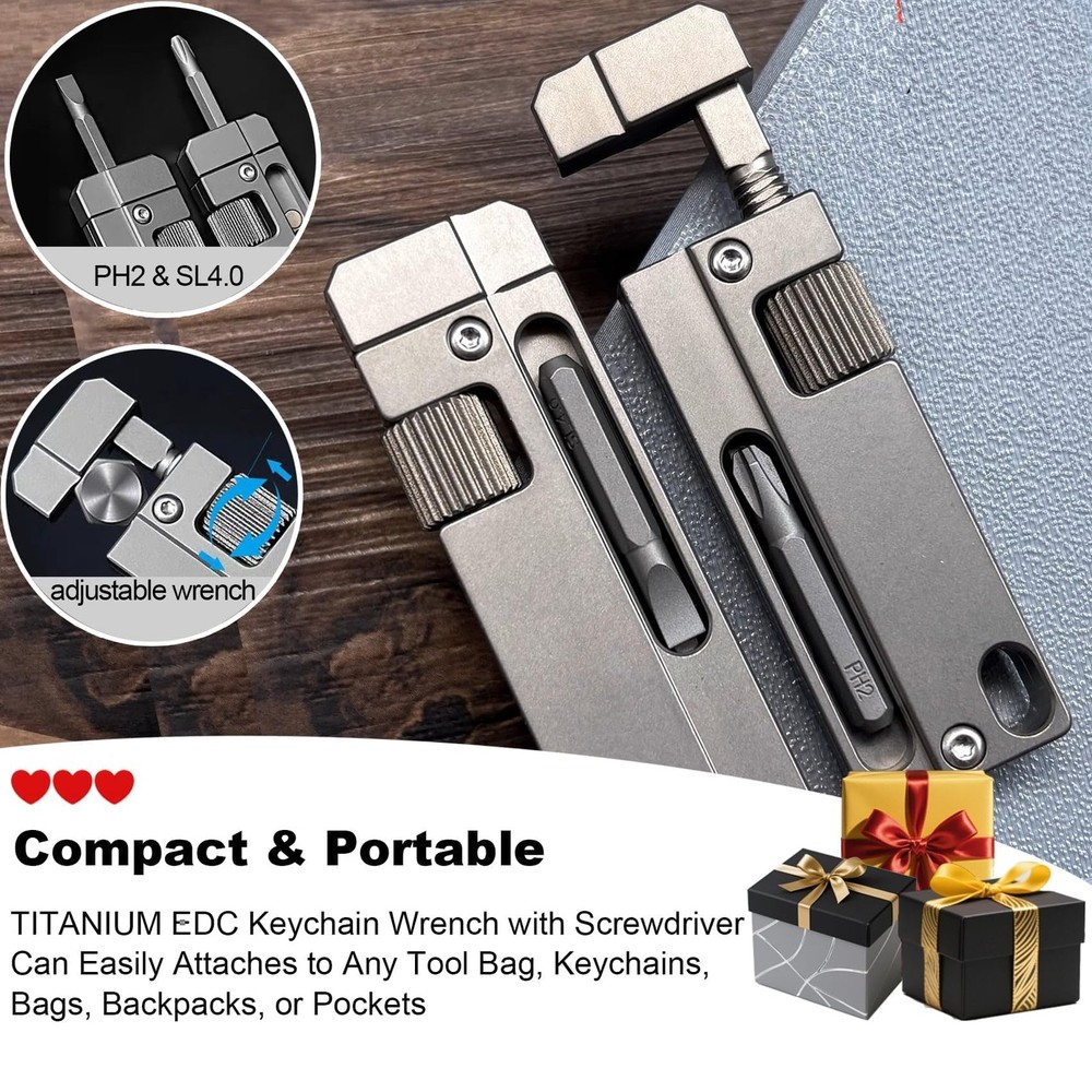 Titanium Keychain Wrench – Mini EDC Adjustable Spanner with Screwdriver, Pock...