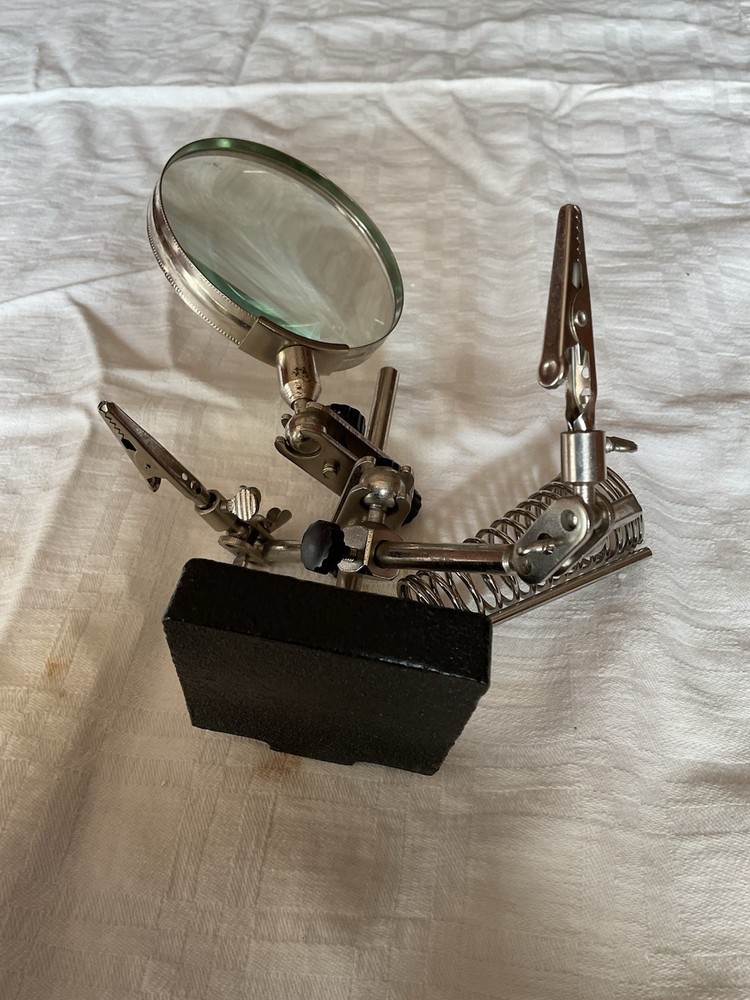 Vintage Adjustable Bench Tool Magnifier Clips Cast Iron Base