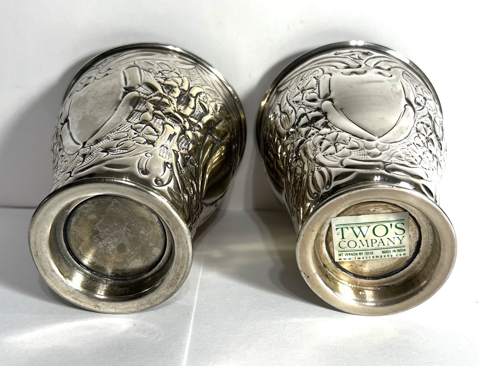 Vintage Silverplate Embossed Goblet Tumblers Vases - TWO’S COMPANY - 4” Tall