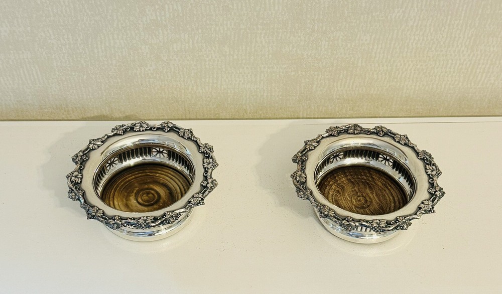 Antique Grape Decorated Silverplate Pair Wine Coasters With Wood Inserts