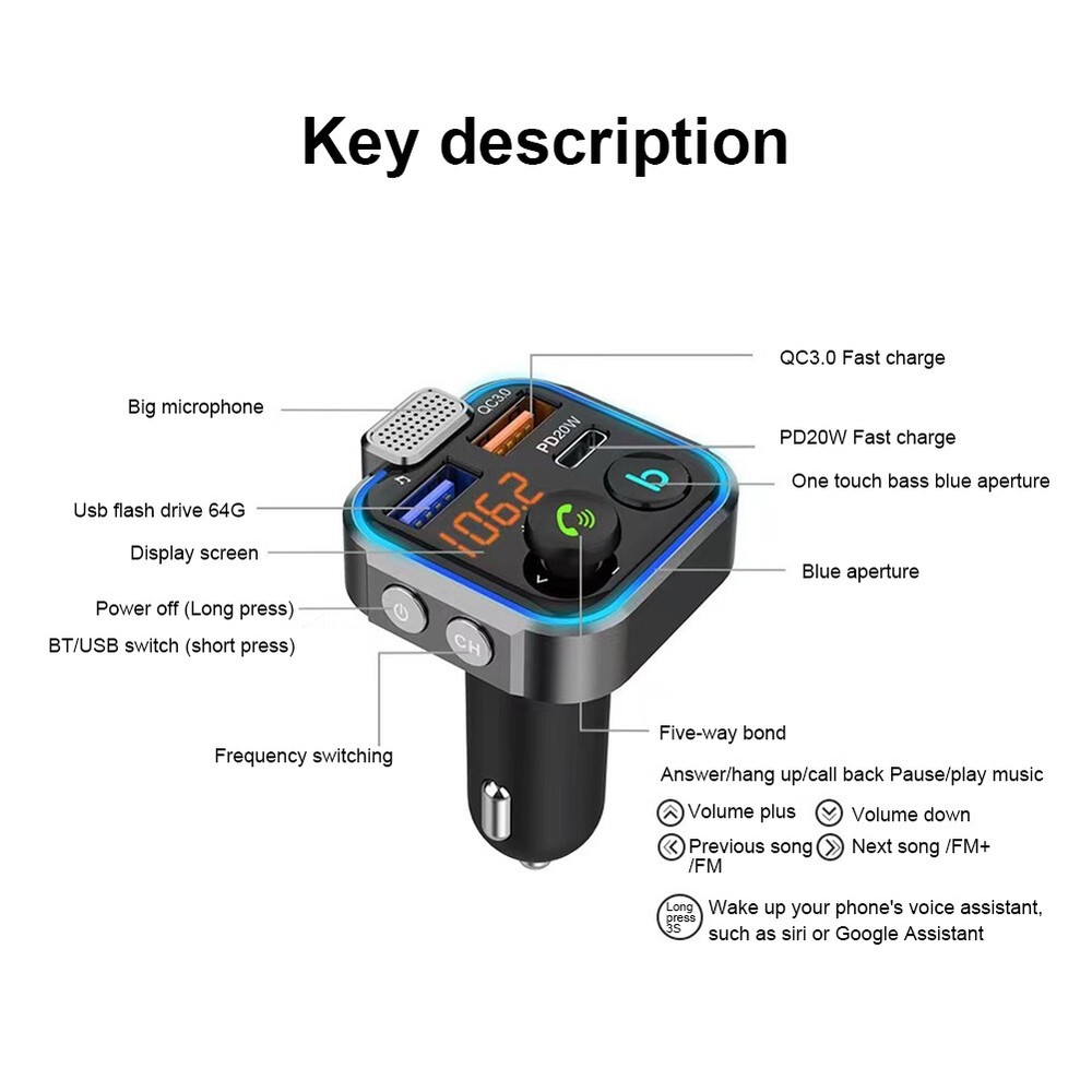 BT 5.0 MP3 Player Hands Free Calling Type-C PD 30W QC3.0 Fast Charger Car Kit