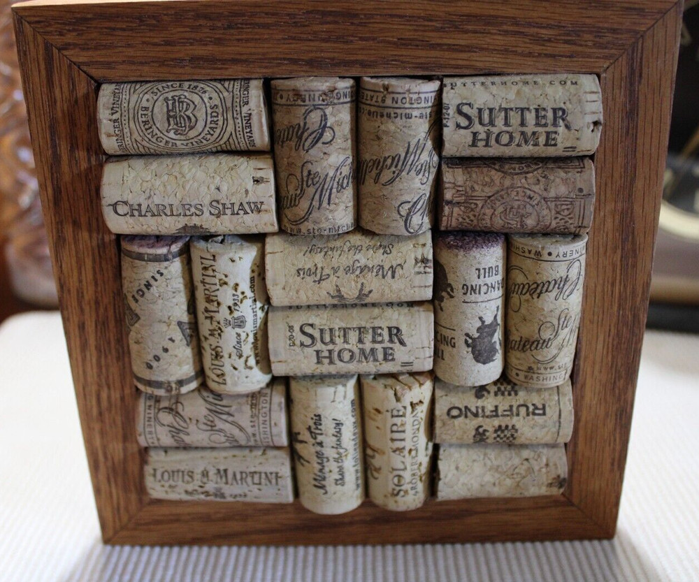 Wine Cork Trivet Potholder / Wall Art - Solid Wood Frame 7" x 7"