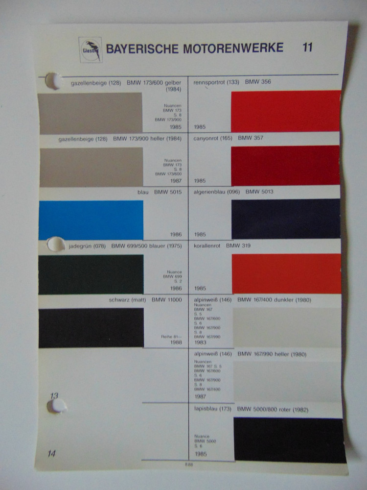 Original Glasurit BMW Paint Chips Sheet - 1985-1988