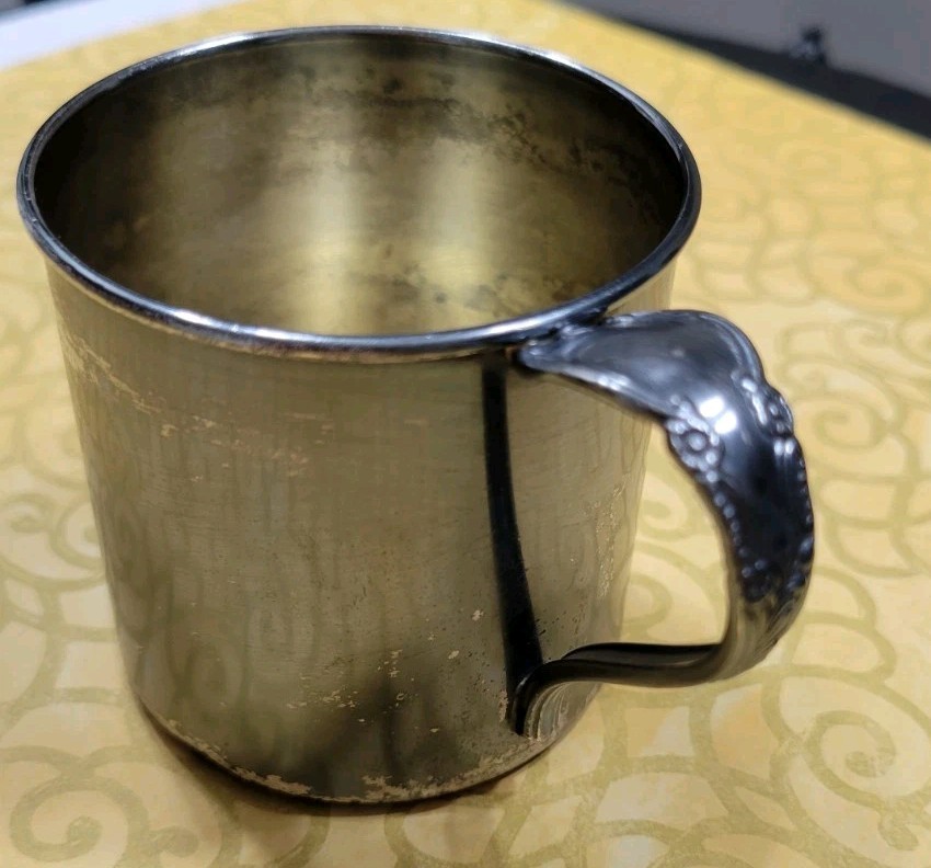 Vintage 1881 Rogers Silver Plate Baby Cup Ornate Spoon Handle Child  Mug Unique