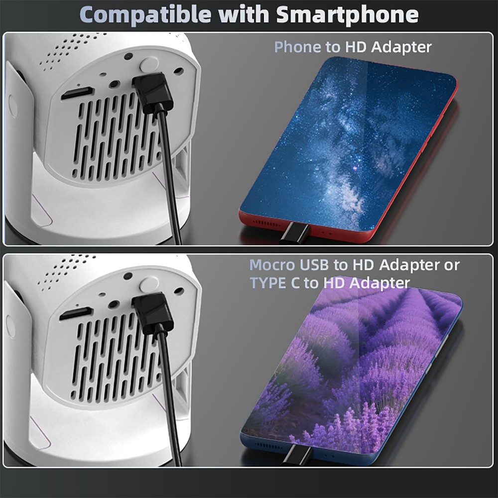 Mini projector, with wired screen sync 4K 1080P portable projector 180° white