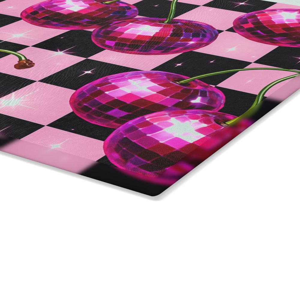 Disco Cherry Glass Cutting Board, Kitchen Decor, Fun Checkered Board Y2K