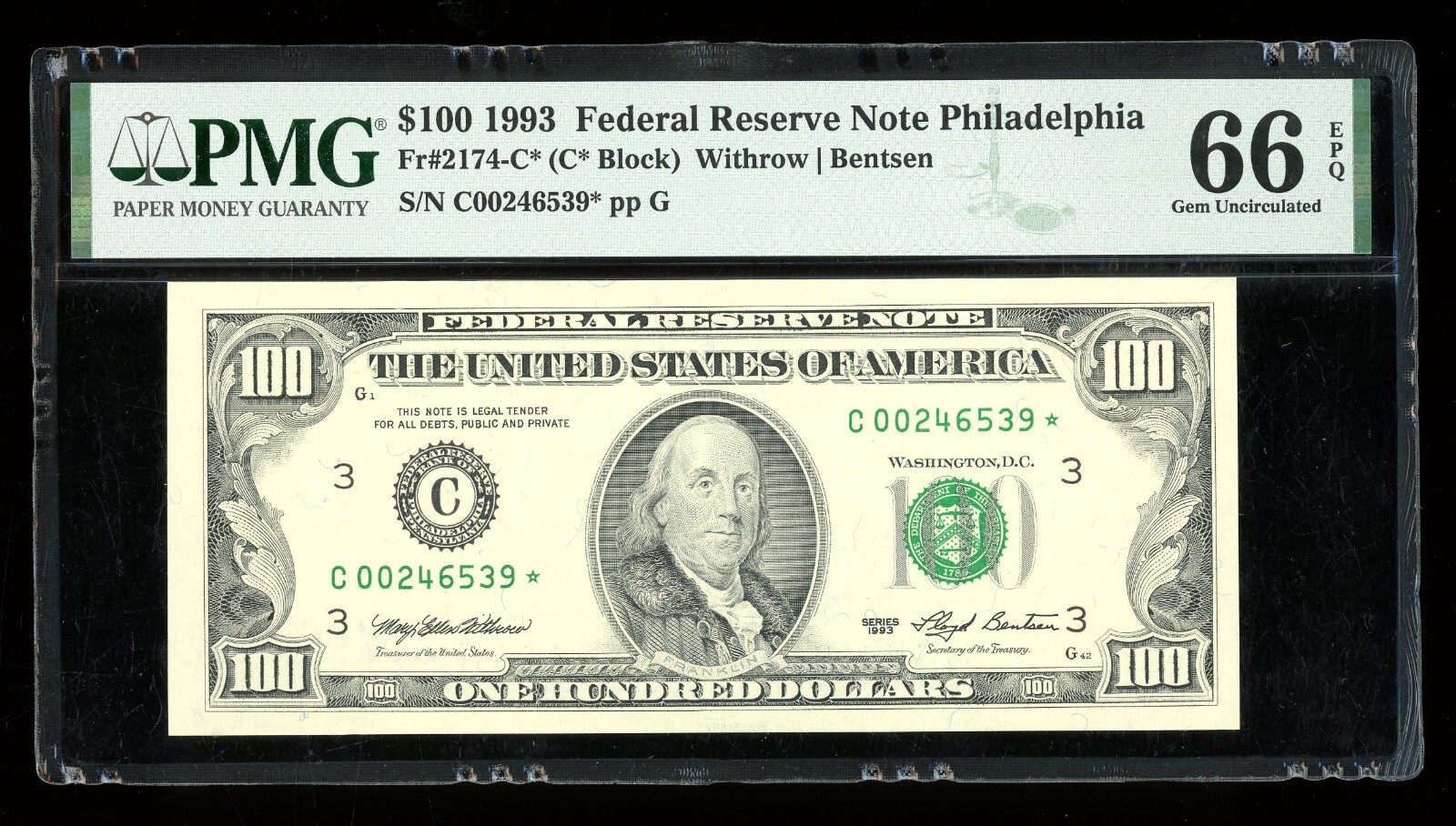 DBR 1993 $100 FRN Philadelphia STAR Gem Fr. 2174-C* PMG 66 EPQ Serial C00246539*