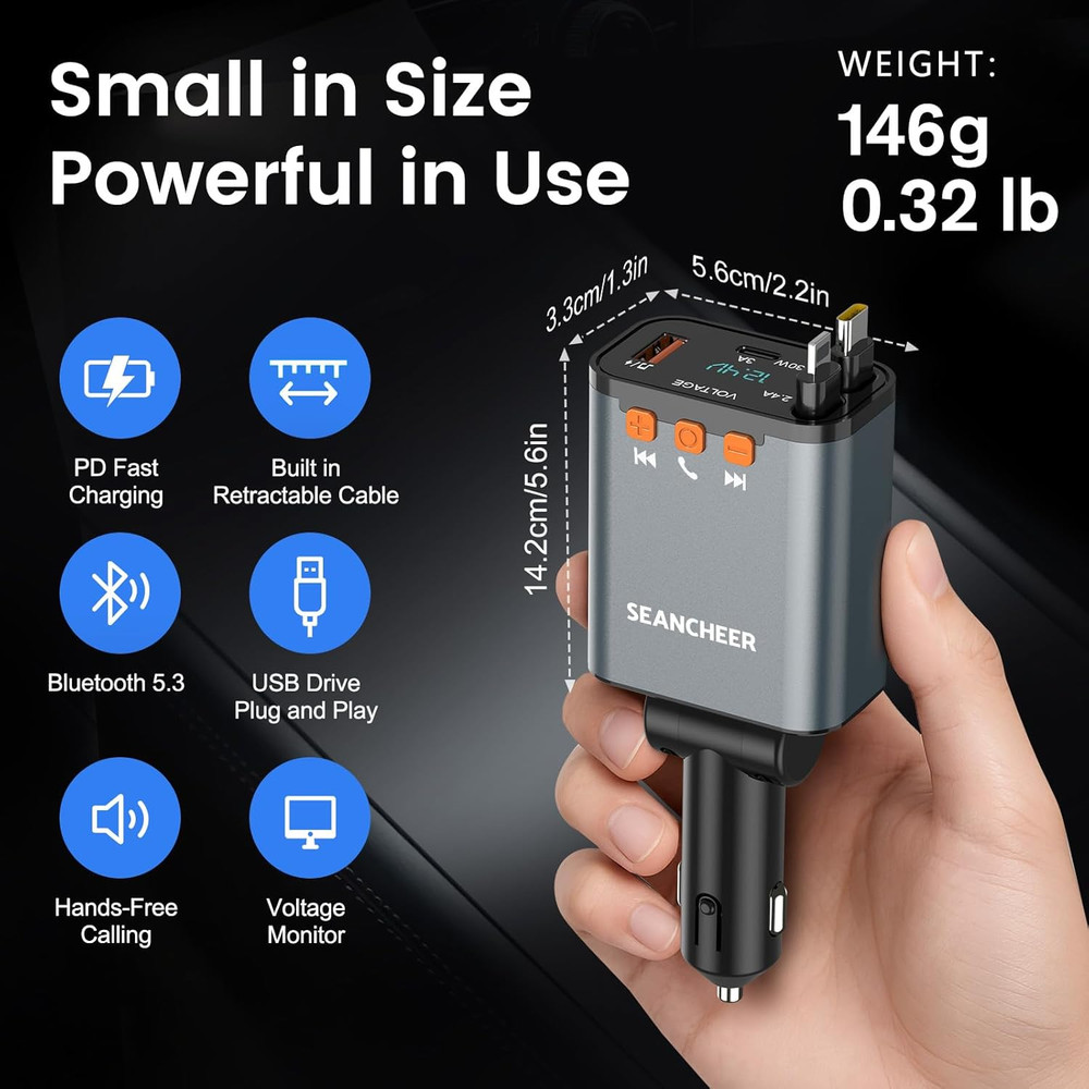 SEANCHEER Car Bluetooth Adapter & Car Charger USB C, 69W Cigarette Lighter Adapt