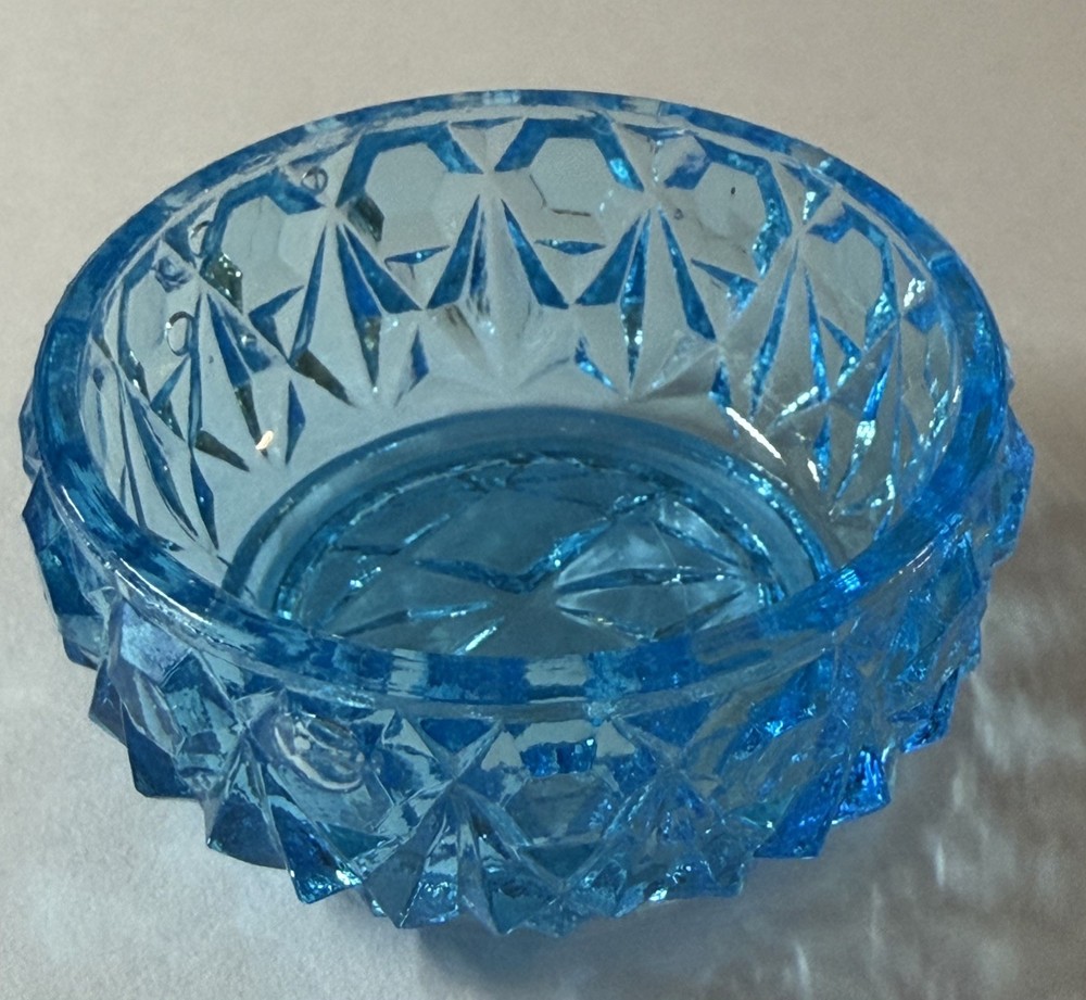Vintage Blue Cut Glass Open Salt Cellar with Diamond Pattern