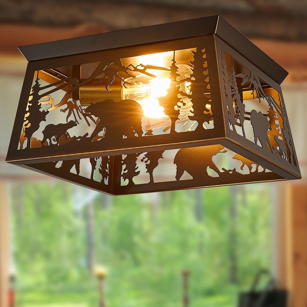 Rustic Light Fixture, 2-Light Farmhouse Flush Mount Ceiling Light Fixture, Me...
