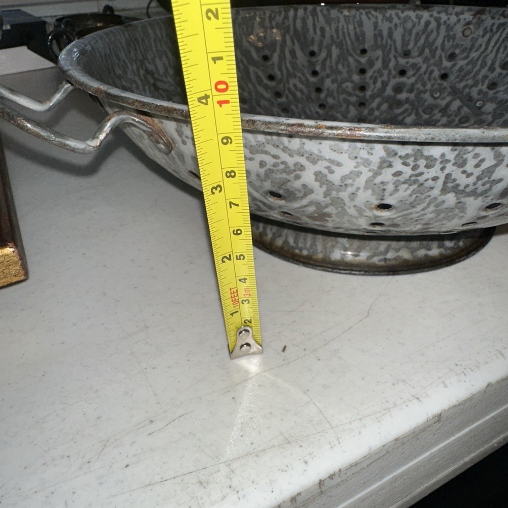 Antique Mottled Enamel Graniteware Handled Colander Grey