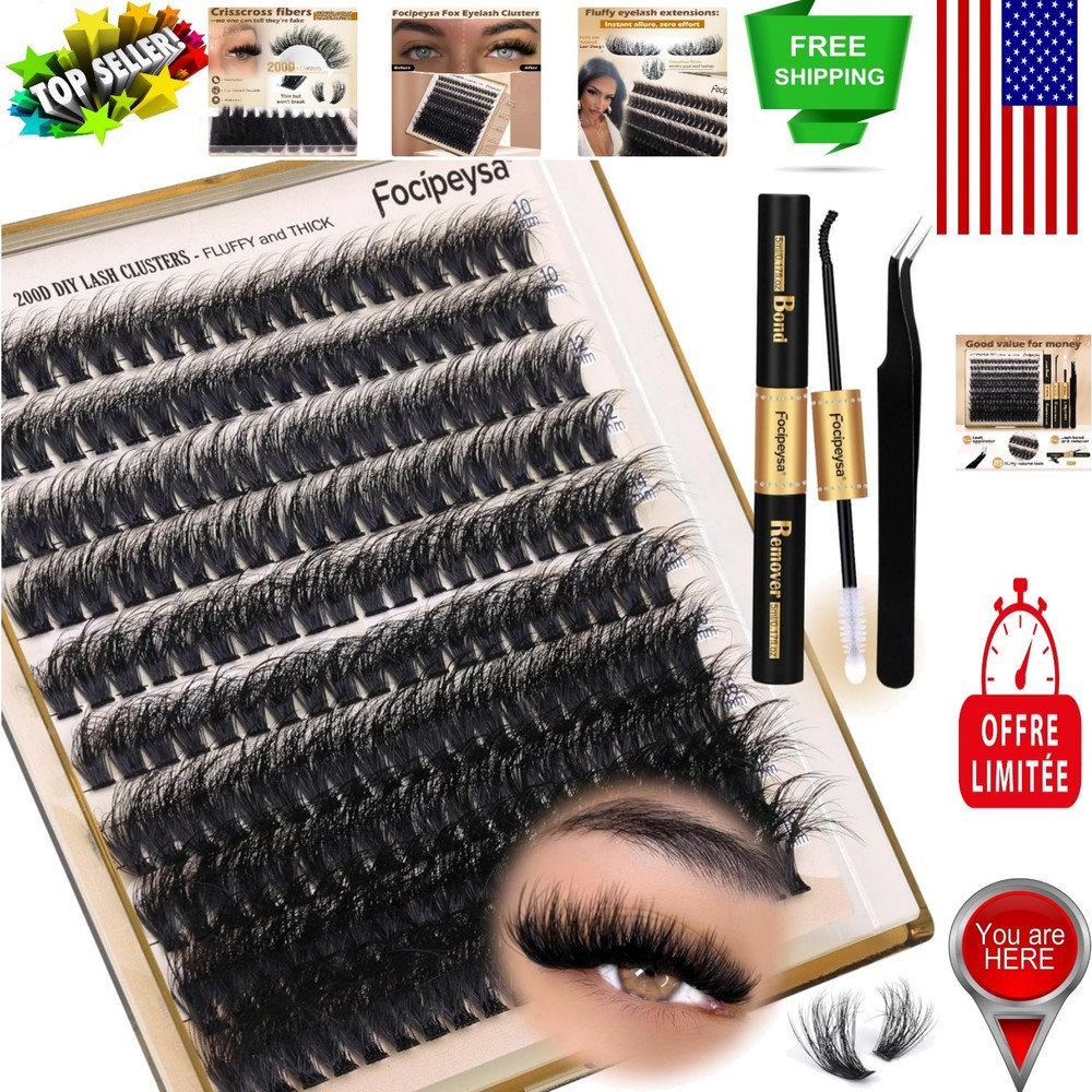 Lash Extension Kit: 200 Fluffy Clusters & Essentials for Home Application