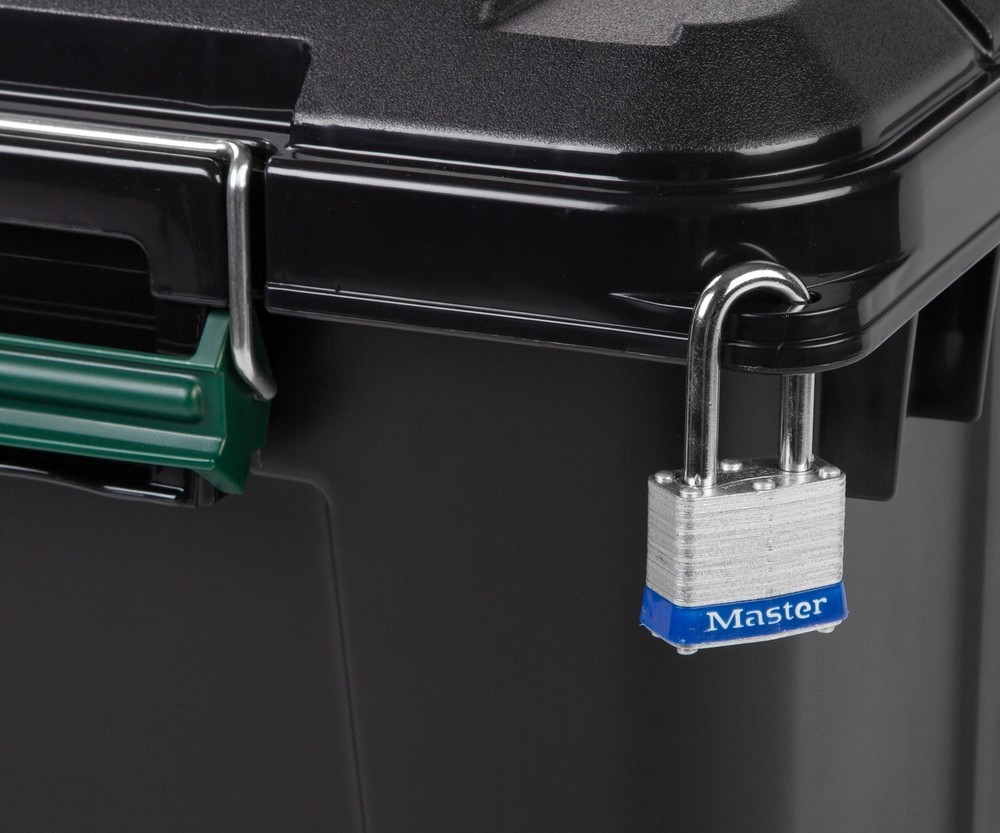 82 Qt. Black WeatherPro Plastic Storage Tote Stackable Water-Resistant Lockable