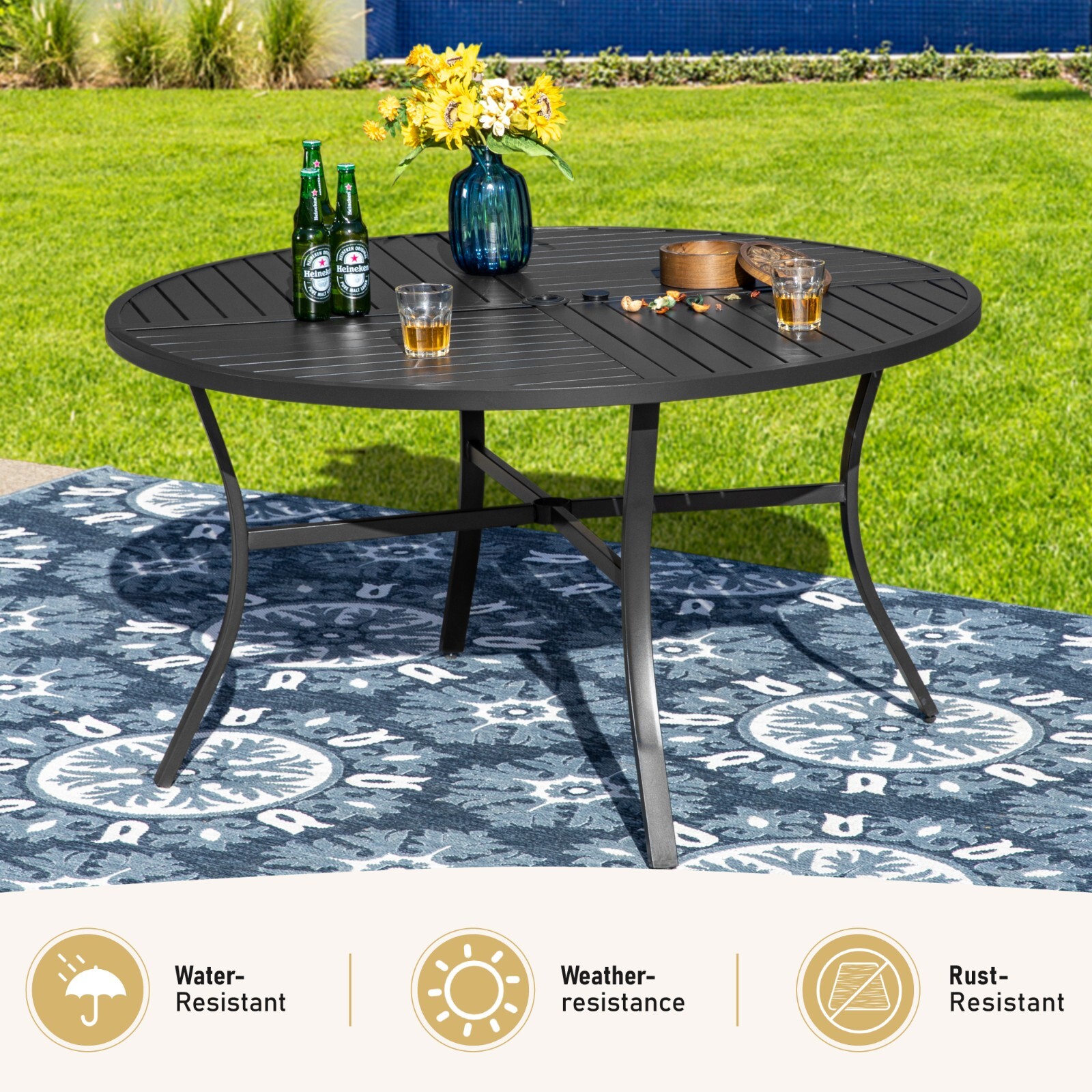 54" Outdoor Dining Table Metal Steel Slat Round Patio Table with Umbrella Hole