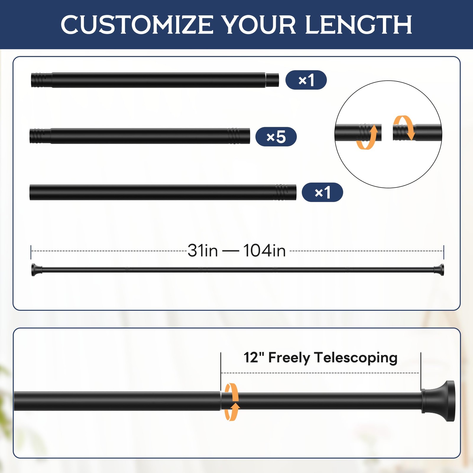 Tension Curtain Rod, Extra Long Outdoor Curtain Rod 43-100 Inch Adjustable, 1.1