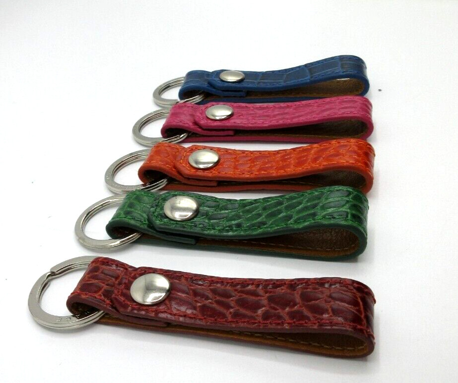 Key Ring on Leather Croc Embossed Strap w Snap Attachment Graphic Image BLUE