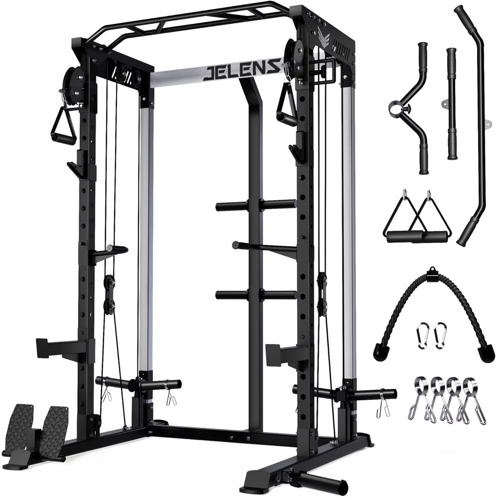 Power Rack Cage, Weight Rack with Dual Pulley Cable Crossover Machine,Multi-Func