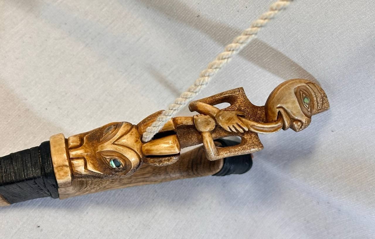 Shaman and Wolf Totem Halibut Hook, Shell Inlay, Northwest Coast Design