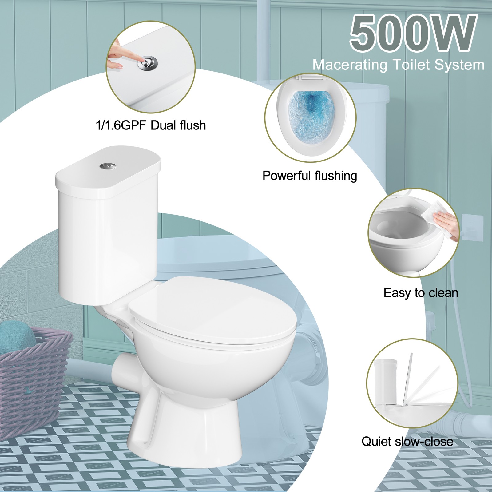 Macerating Toilet System with 500W Pump Upflush Dual Flush Toilet for Basement