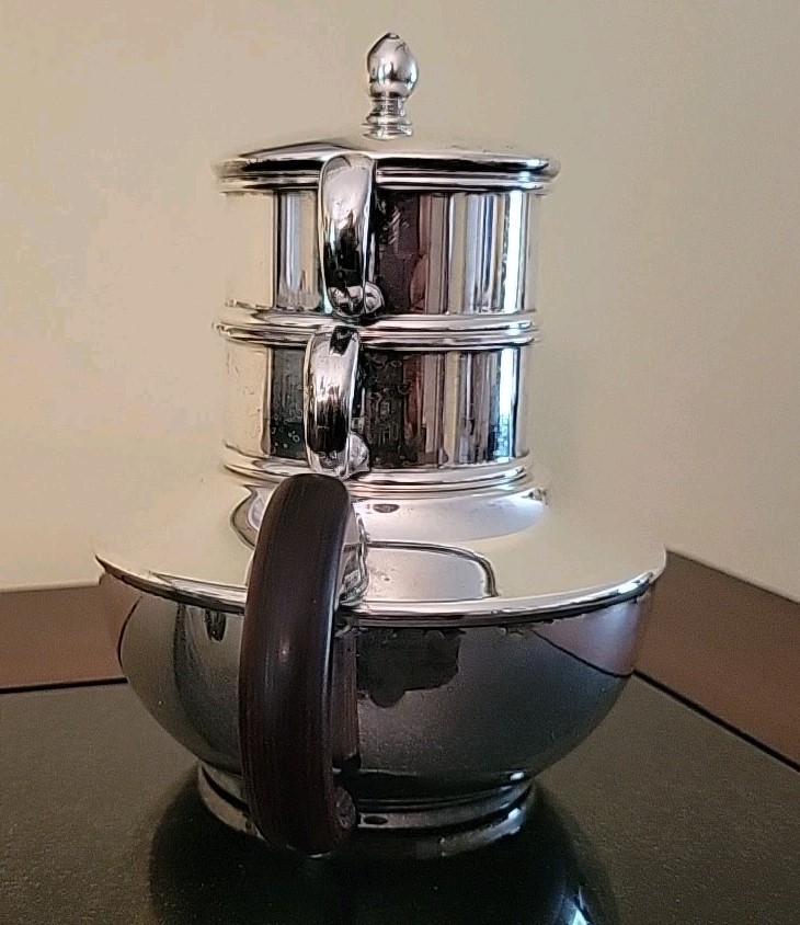Vintage Friedman Silver Co. Silver Plated Tea Pot Stackable Cups Wood Handle