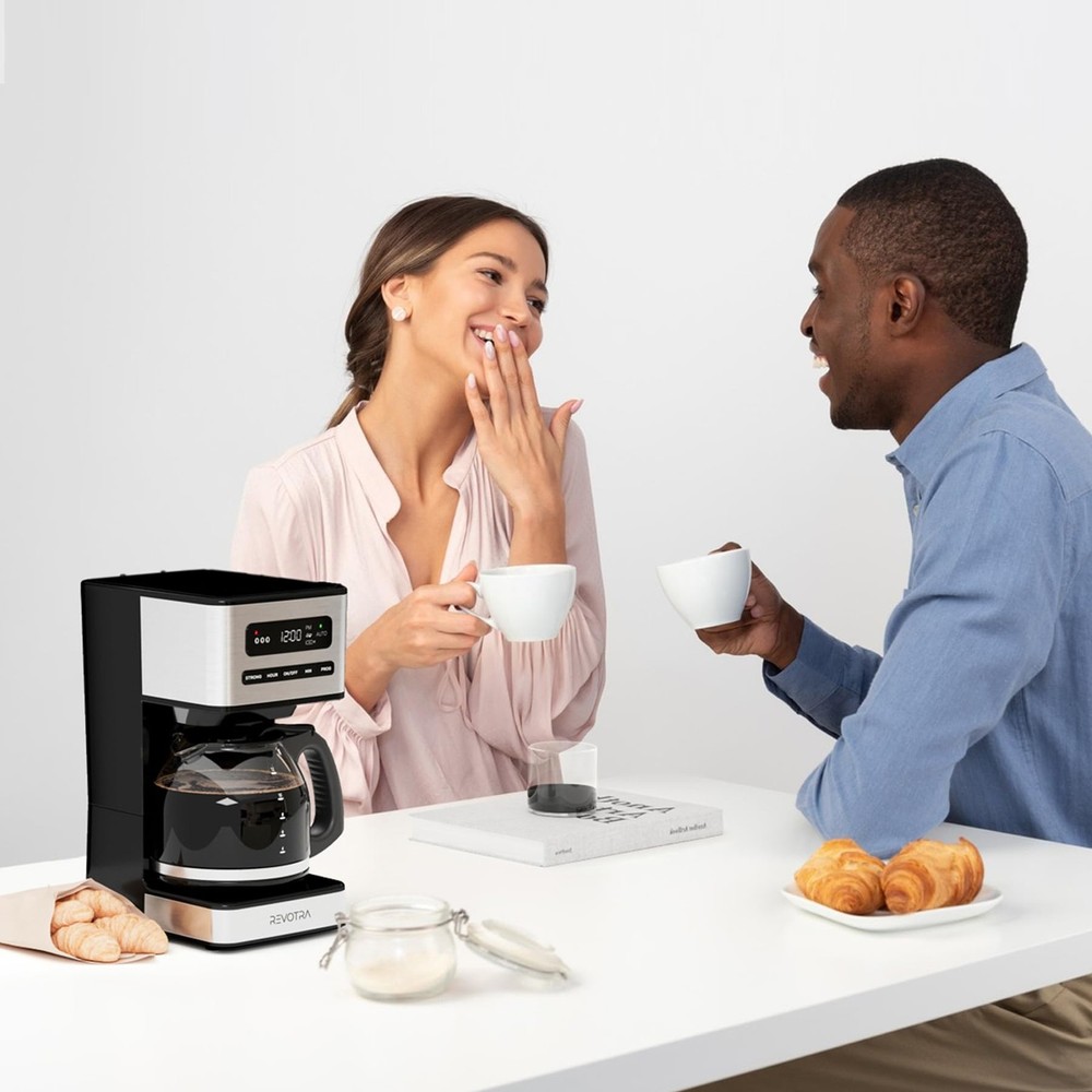 REVOTRA 12-Cup Programmable Coffee Maker, Regular & 12 Cup, Silver/Black