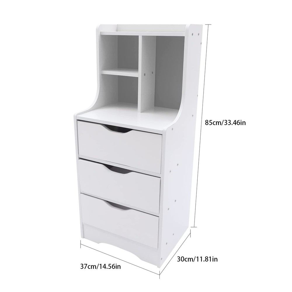 Bed Side Table Nightstand White with 3 Drawers Open Shelf Small Cabinet