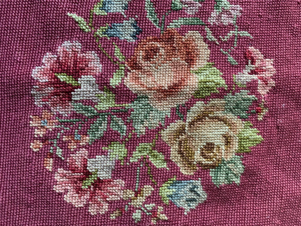 Needlepoint Floral Maroon Finished Needlework Vintage