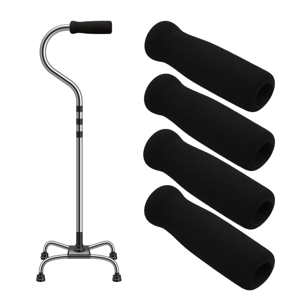 Ptwola 4PCS Foam Cane Grip Replacement Thick Cushioned Offset Black