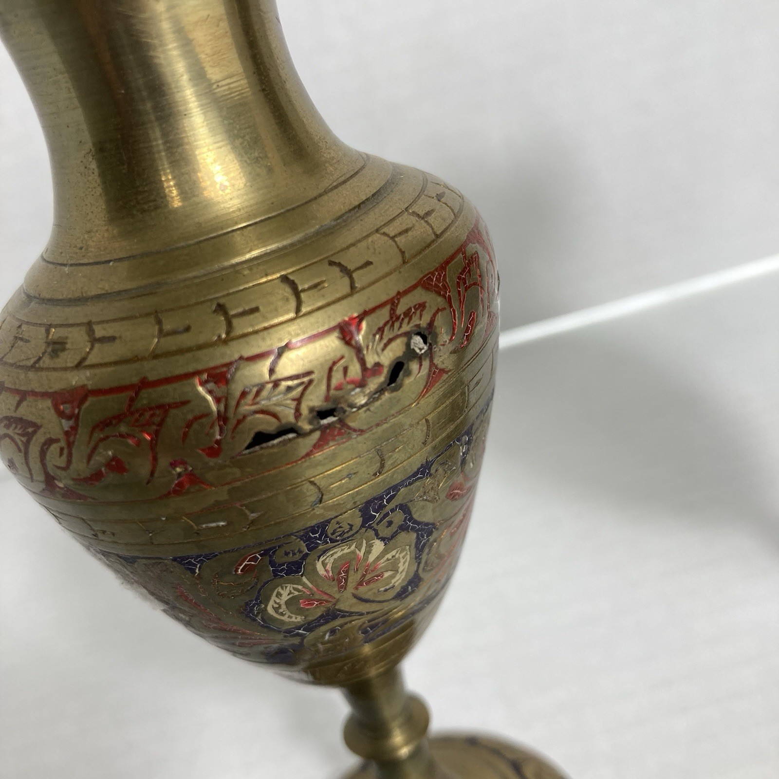 VTG Brass Etched Enameled Vases British India Scalloped Edge 6 In Art Deco MCM